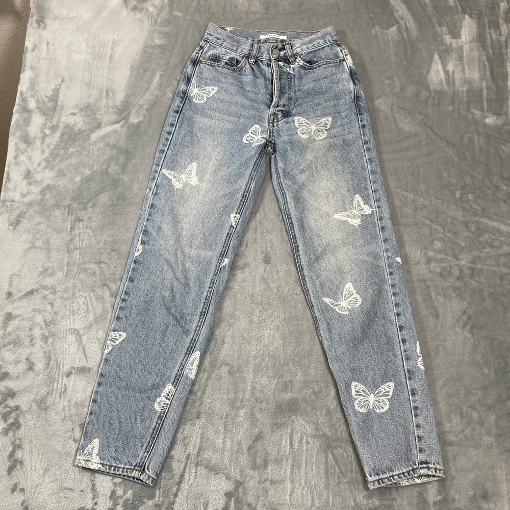PacSun High Waisted Butterfly Print Mom Jeans Light Wash Denim Blue 22 Waist